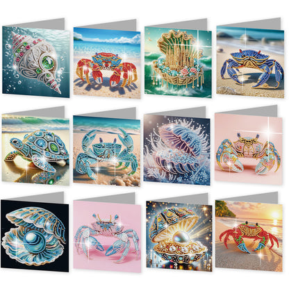 12Pcs Beach Crab Seashell DIY Diamond Painting Greeting Cards for Adults Gifts