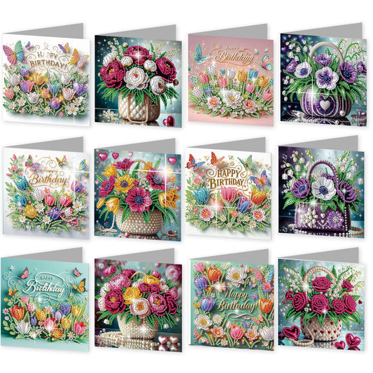 12Pcs Flower Bouquet DIY Diamond Painting Greeting Cards for Adult Holiday Gifts