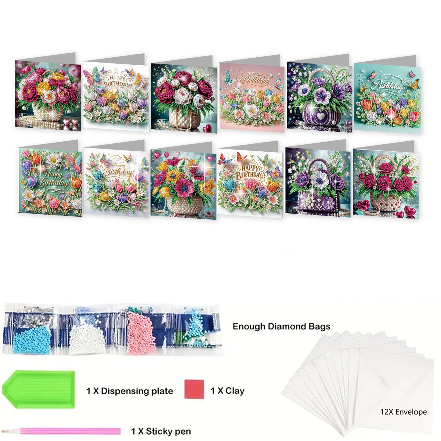12Pcs Flower Bouquet DIY Diamond Painting Greeting Cards for Adult Holiday Gifts