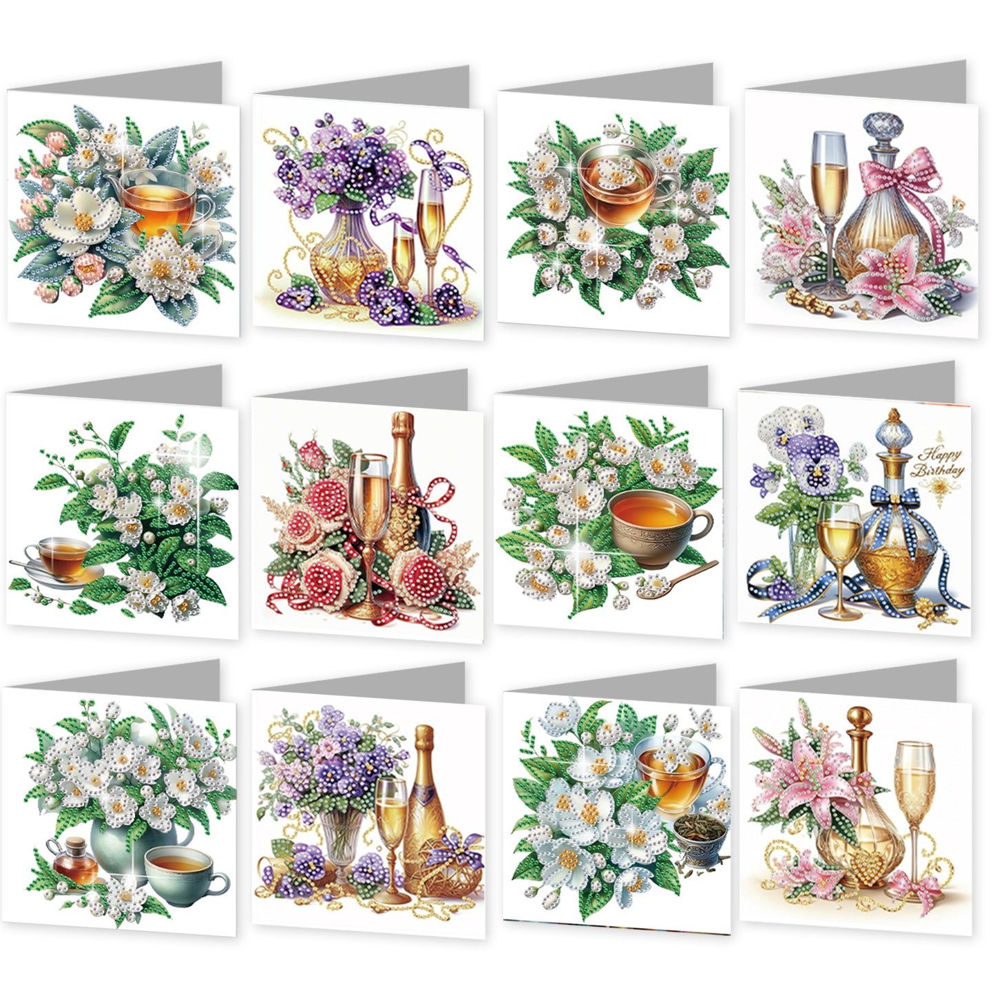 12Pcs Flower Drink DIY Diamond Painting Greeting Cards for Adult Holiday Gifts