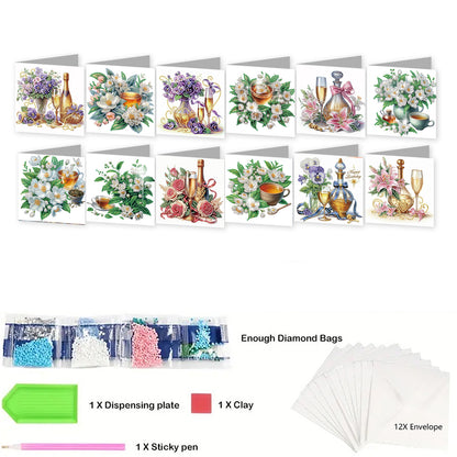 12Pcs Flower Drink DIY Diamond Painting Greeting Cards for Adult Holiday Gifts