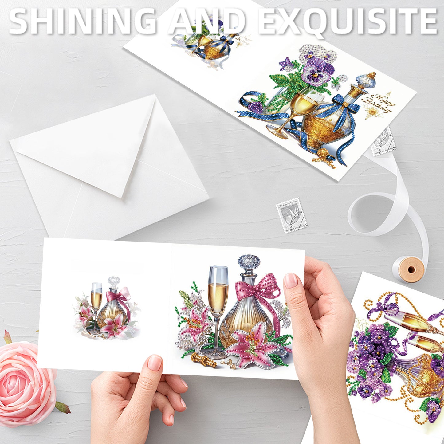 12Pcs Flower Drink DIY Diamond Painting Greeting Cards for Adult Holiday Gifts