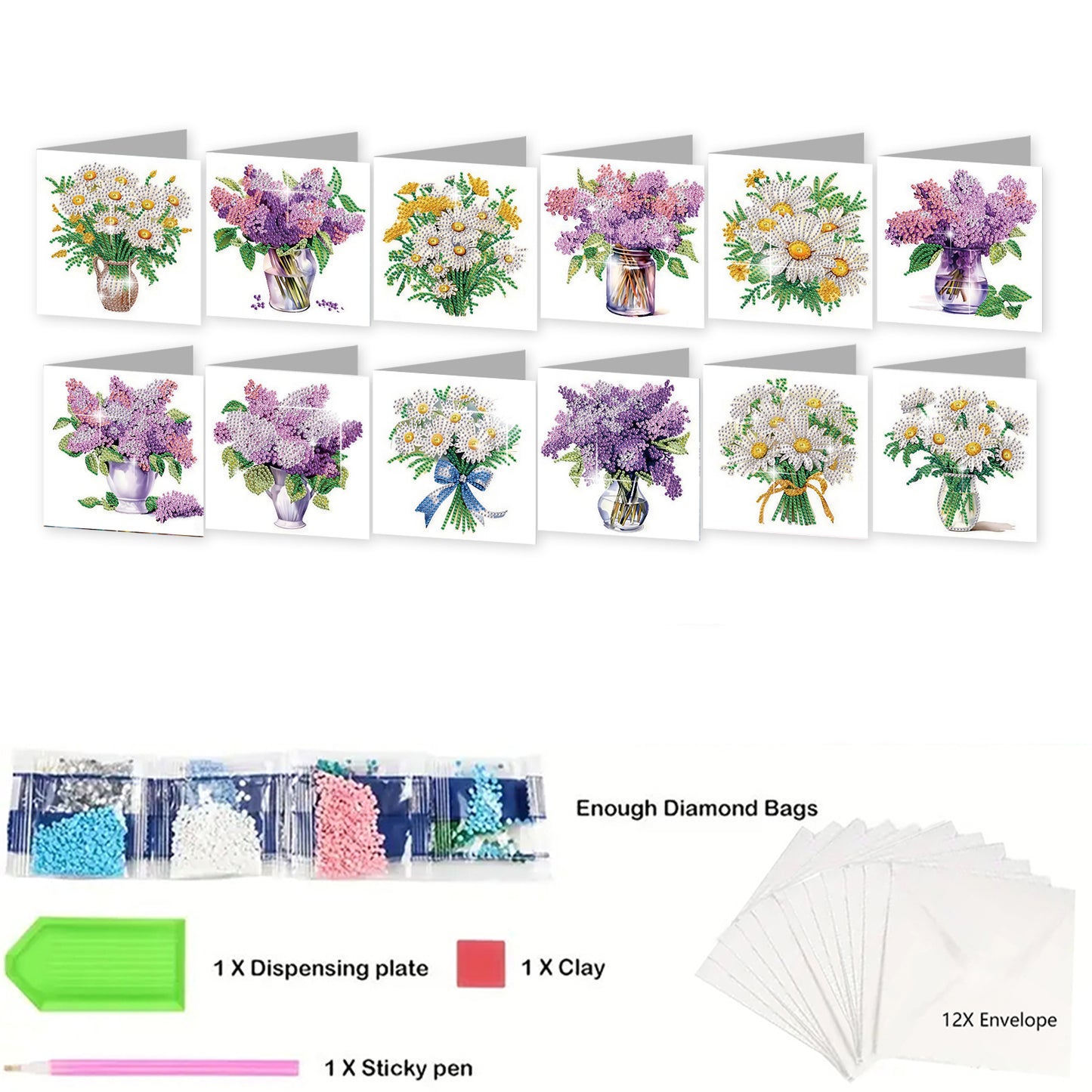 12Pcs Bouquet DIY Diamond Painting Greeting Cards for Adult Holiday Gifts