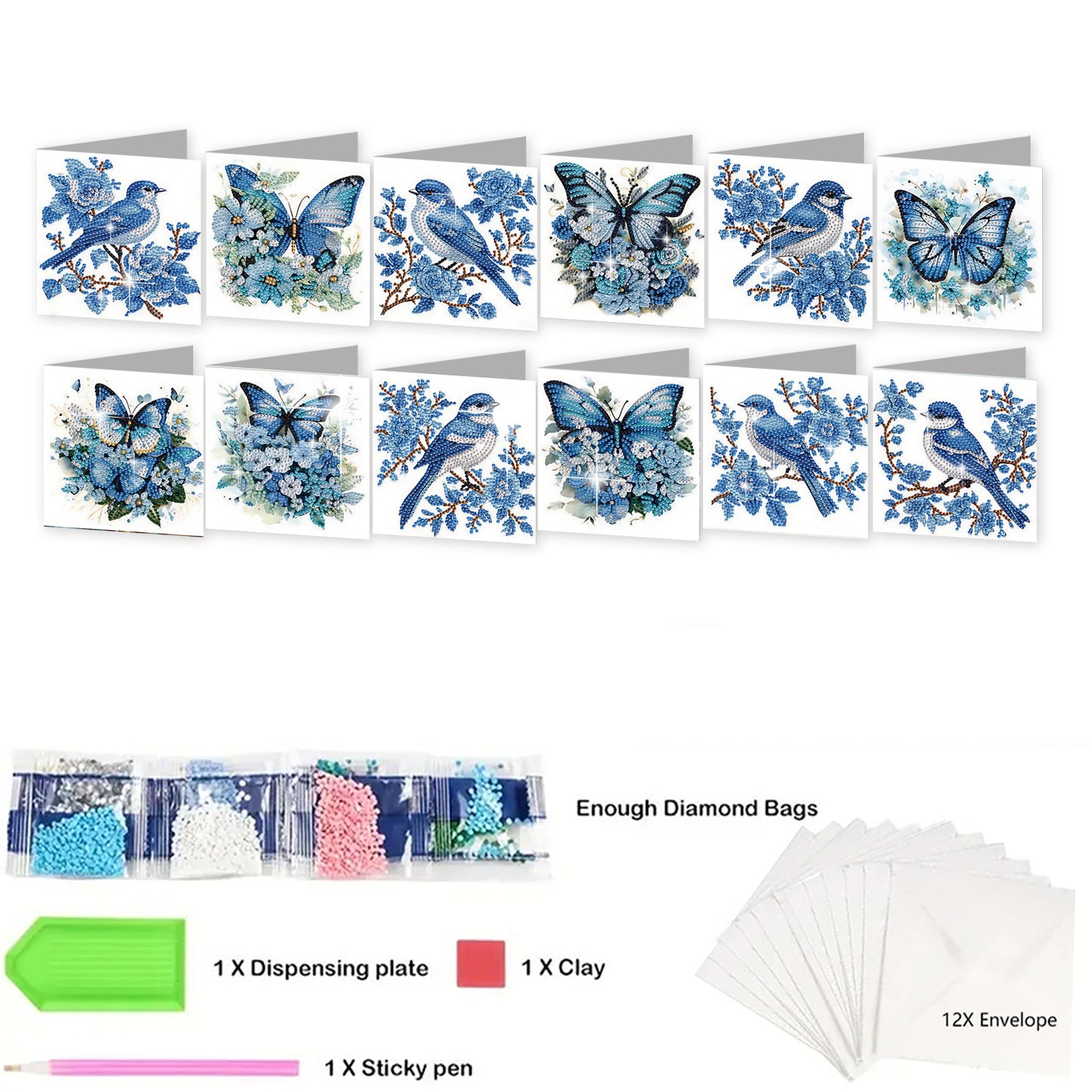 12Pcs Butterfly Bluebird DIY Diamond Painting Greeting Cards for Adults Gifts