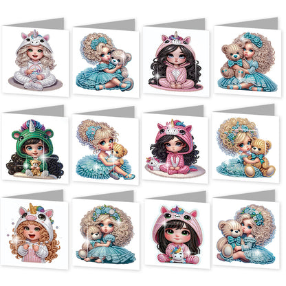 12Pcs Little Girl DIY Diamond Painting Greeting Cards for Adult Holiday Gifts