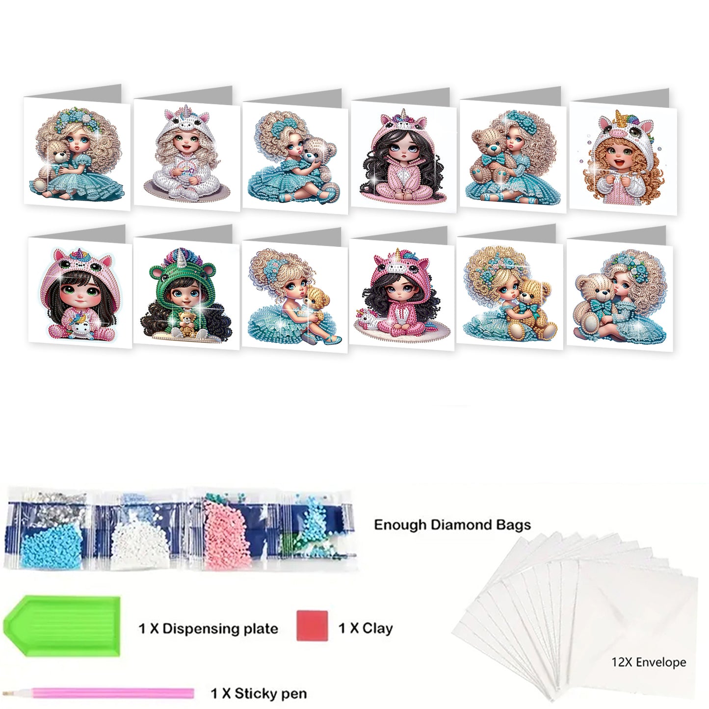 12Pcs Little Girl DIY Diamond Painting Greeting Cards for Adult Holiday Gifts