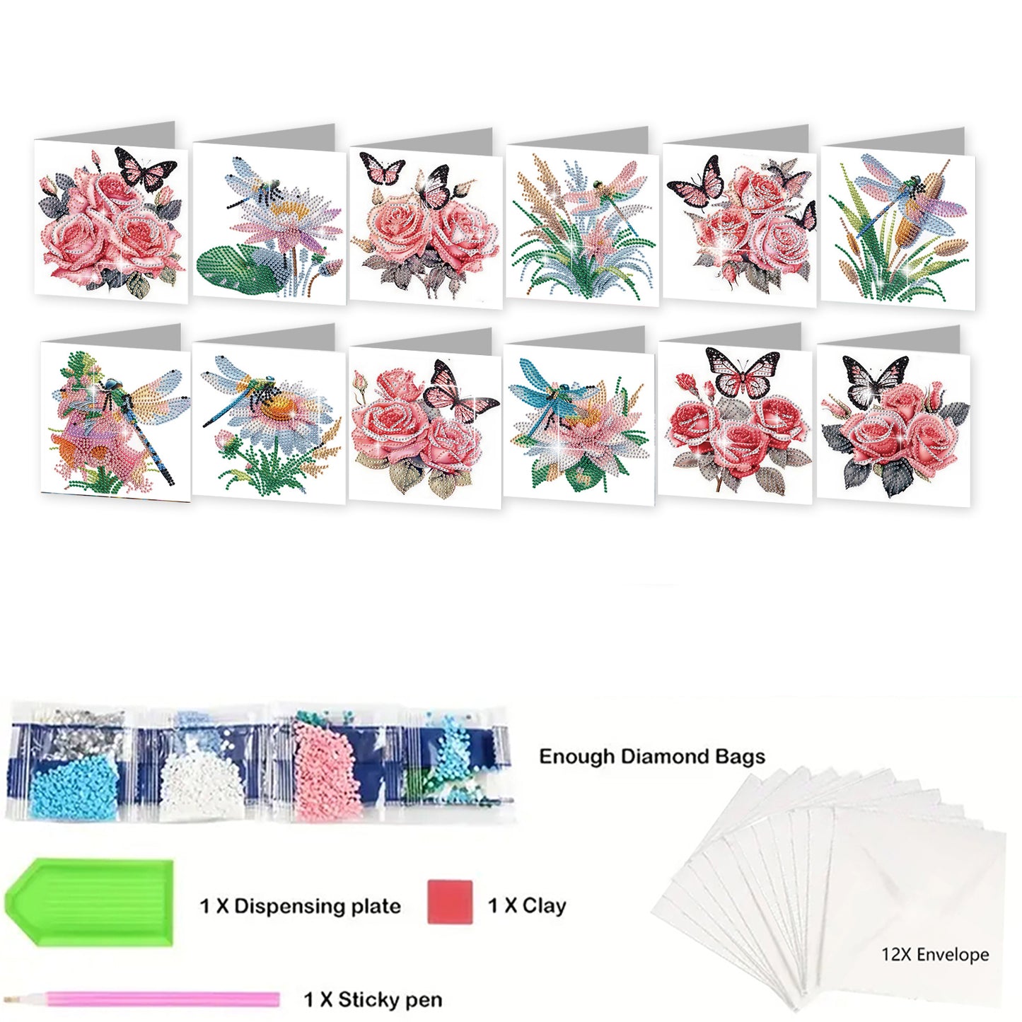 12Pcs Butterfly Dragonfly DIY Diamond Painting Greeting Cards for Adults Gifts