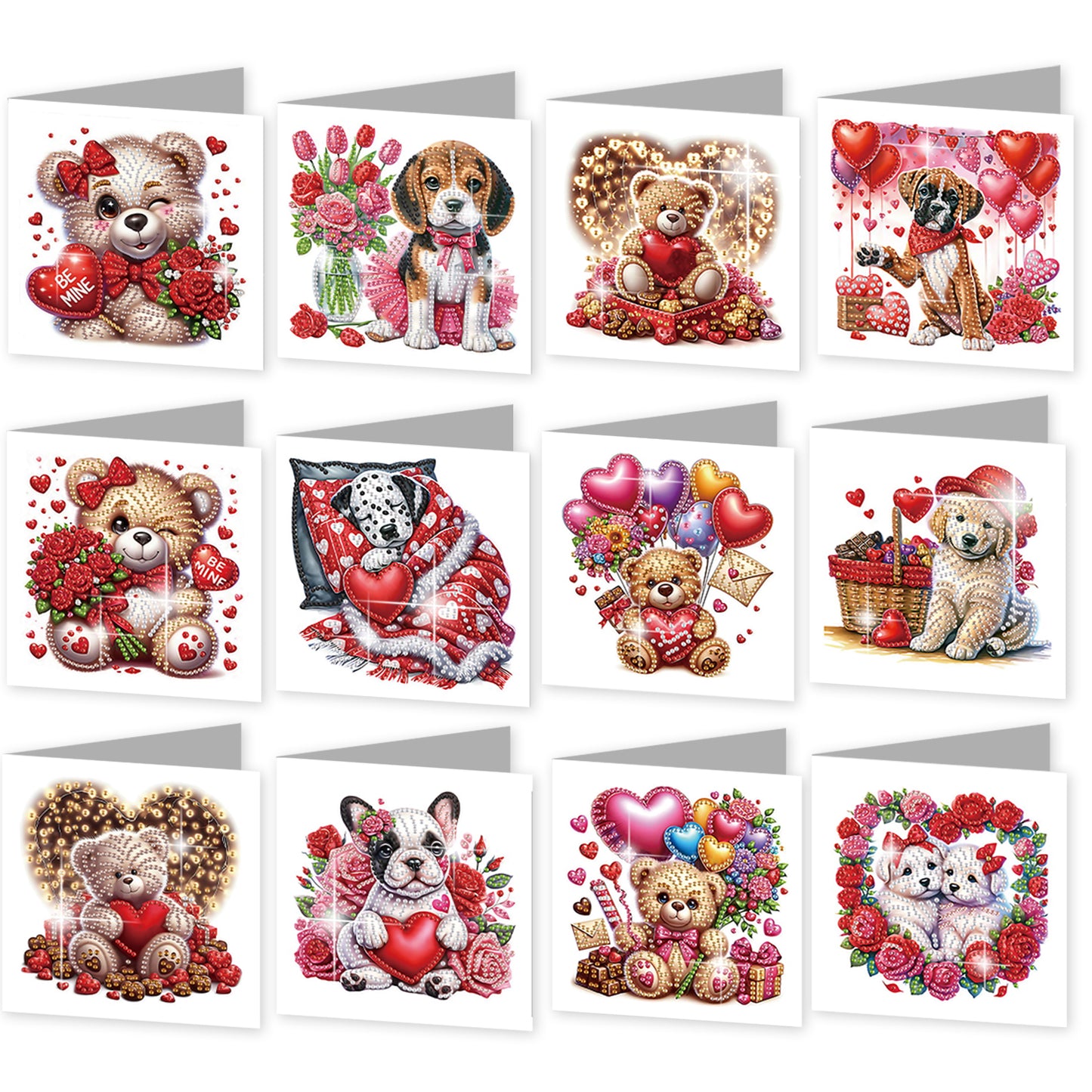 12Pcs Valentines Bear Dog DIY Diamond Painting Greeting Cards for Adults Gifts
