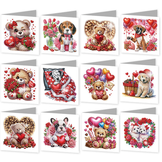 12Pcs Valentines Bear Dog DIY Diamond Painting Greeting Cards for Adults Gifts