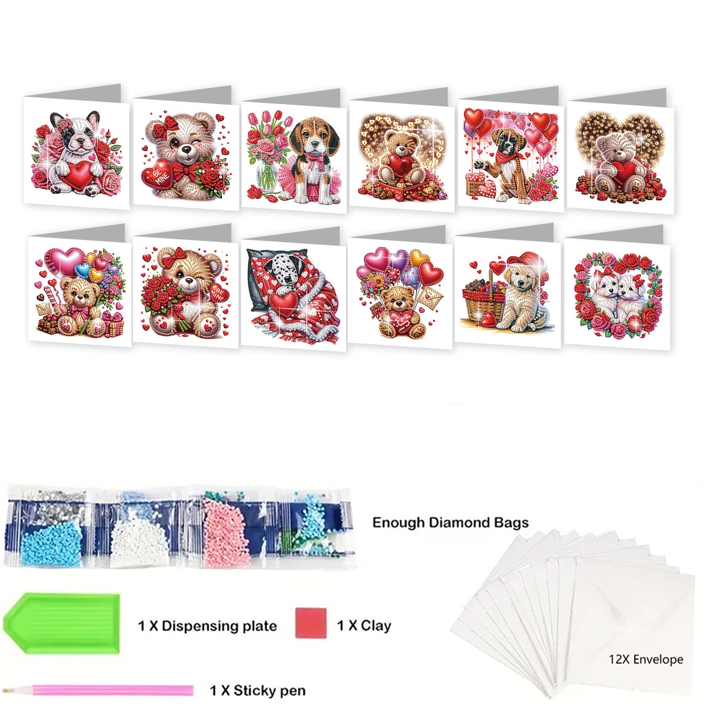 12Pcs Valentines Bear Dog DIY Diamond Painting Greeting Cards for Adults Gifts