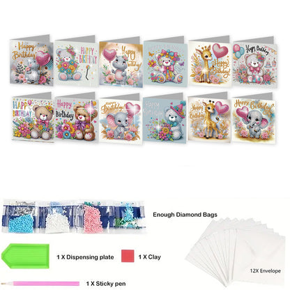 12Pcs Birthday Bear Animal DIY Diamond Painting Greeting Cards for Adults Gifts