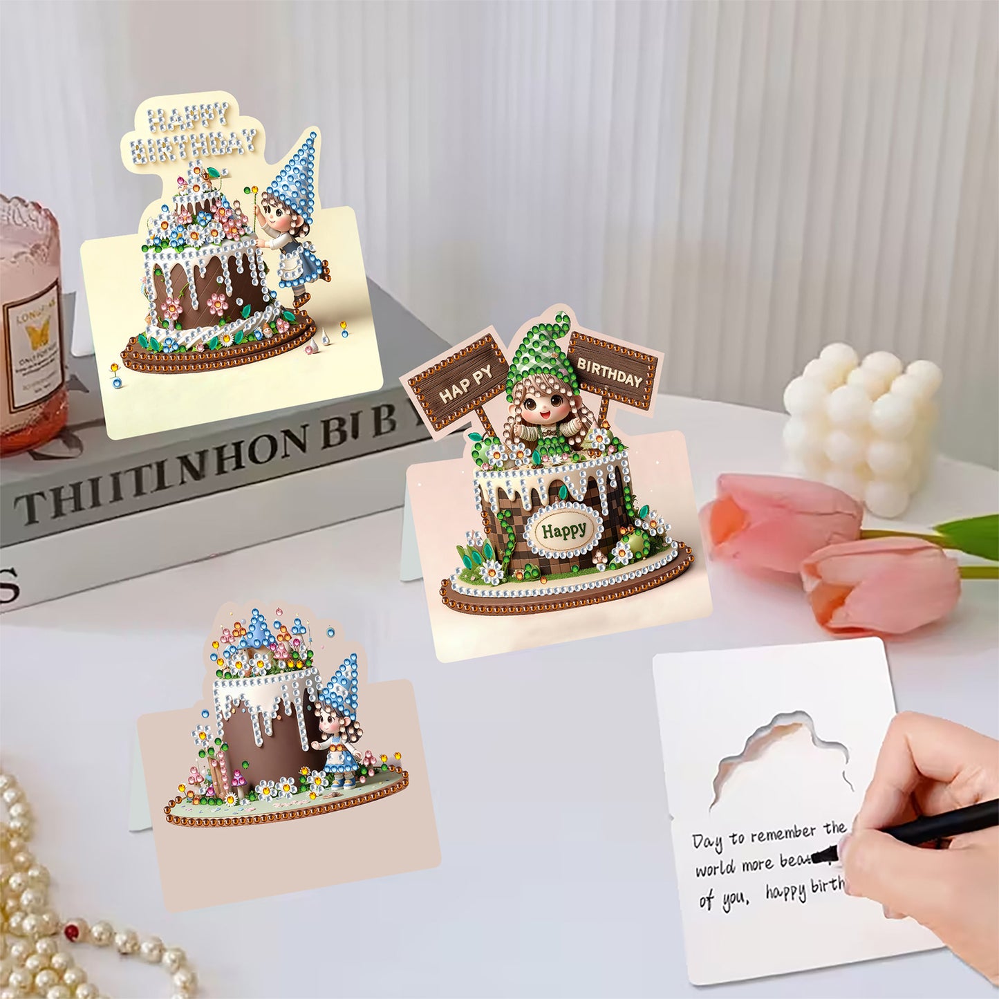 6 Packs Birthday Cake DIY Diamond Painting Greeting Card Kit for Adults Gifts