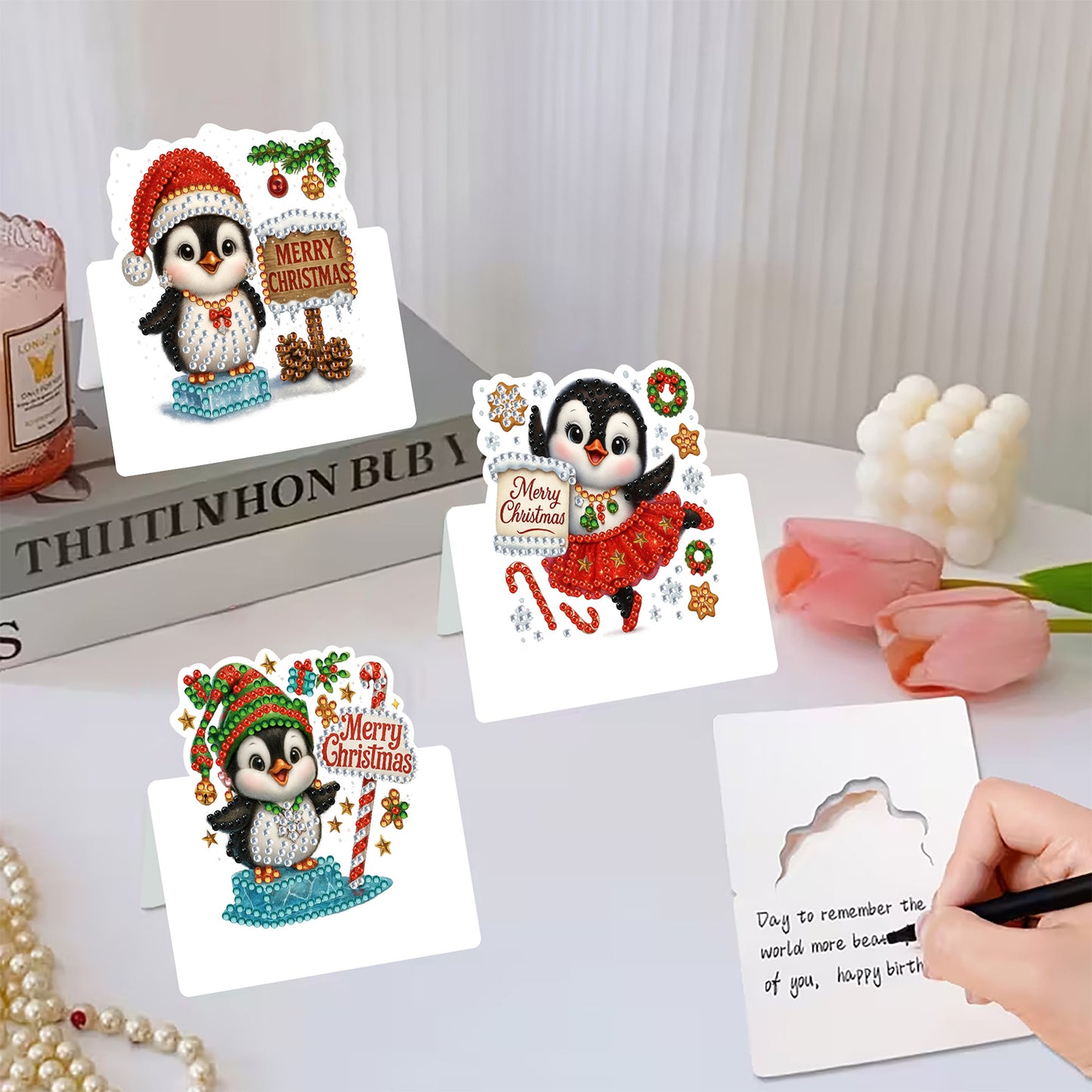 6 Packs Christmas Penguin DIY Diamond Painting Greeting Card Kit for Adults Gift