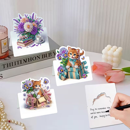 6 Packs Cat and Flowers DIY Diamond Painting Greeting Card Kit for Adults Gifts