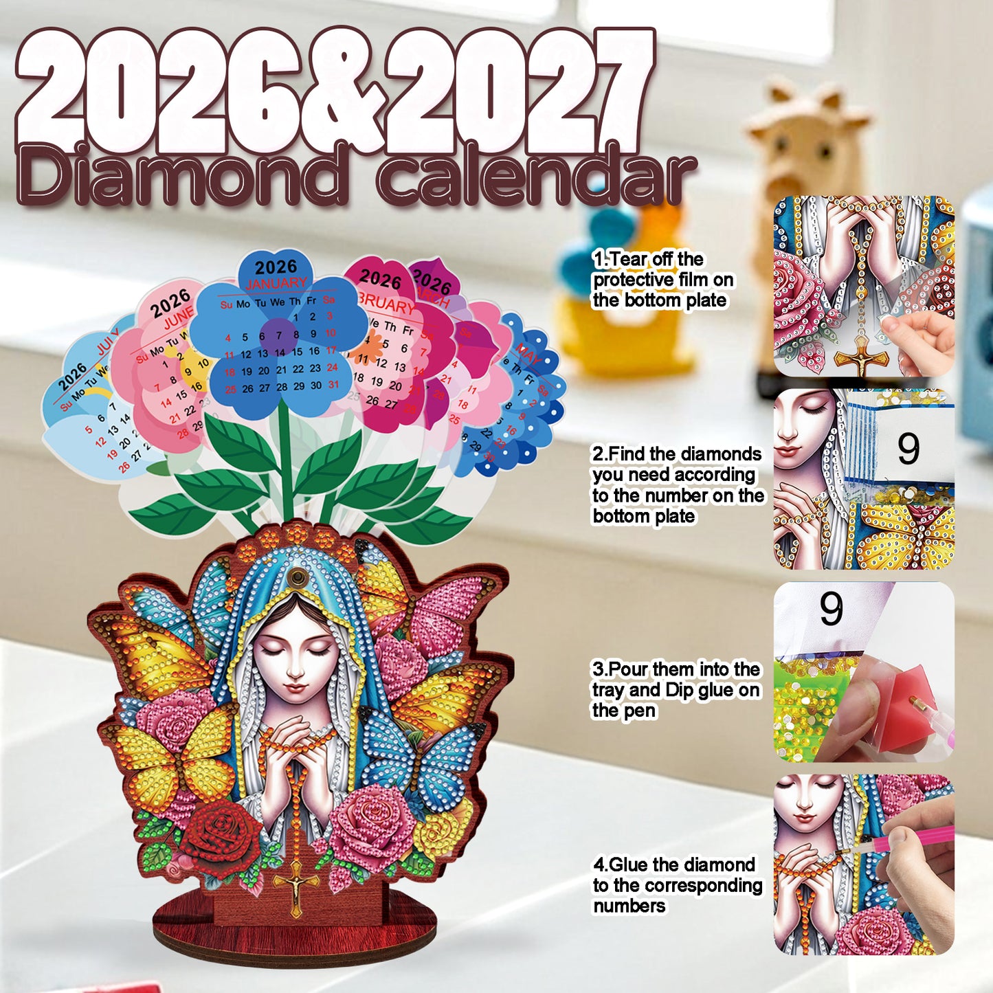 2026-2027 Mother Virgin Wooden DIY 5D Diamond Painting Calendar for Home Decor