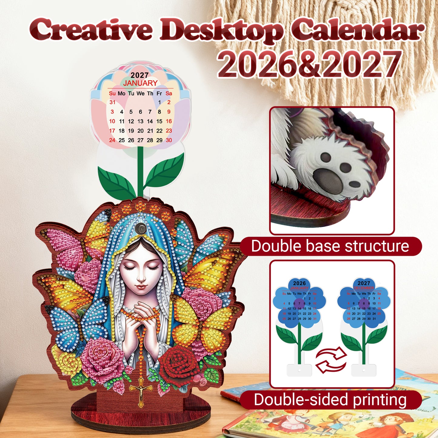 2026-2027 Mother Virgin Wooden DIY 5D Diamond Painting Calendar for Home Decor