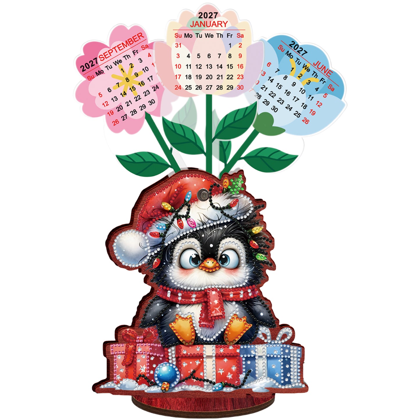 2026-2027 Penguin Wooden DIY 5D Diamond Painting Calendar for Home Office Decor