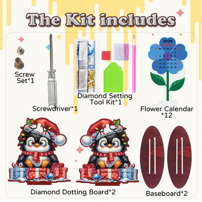 2026-2027 Penguin Wooden DIY 5D Diamond Painting Calendar for Home Office Decor