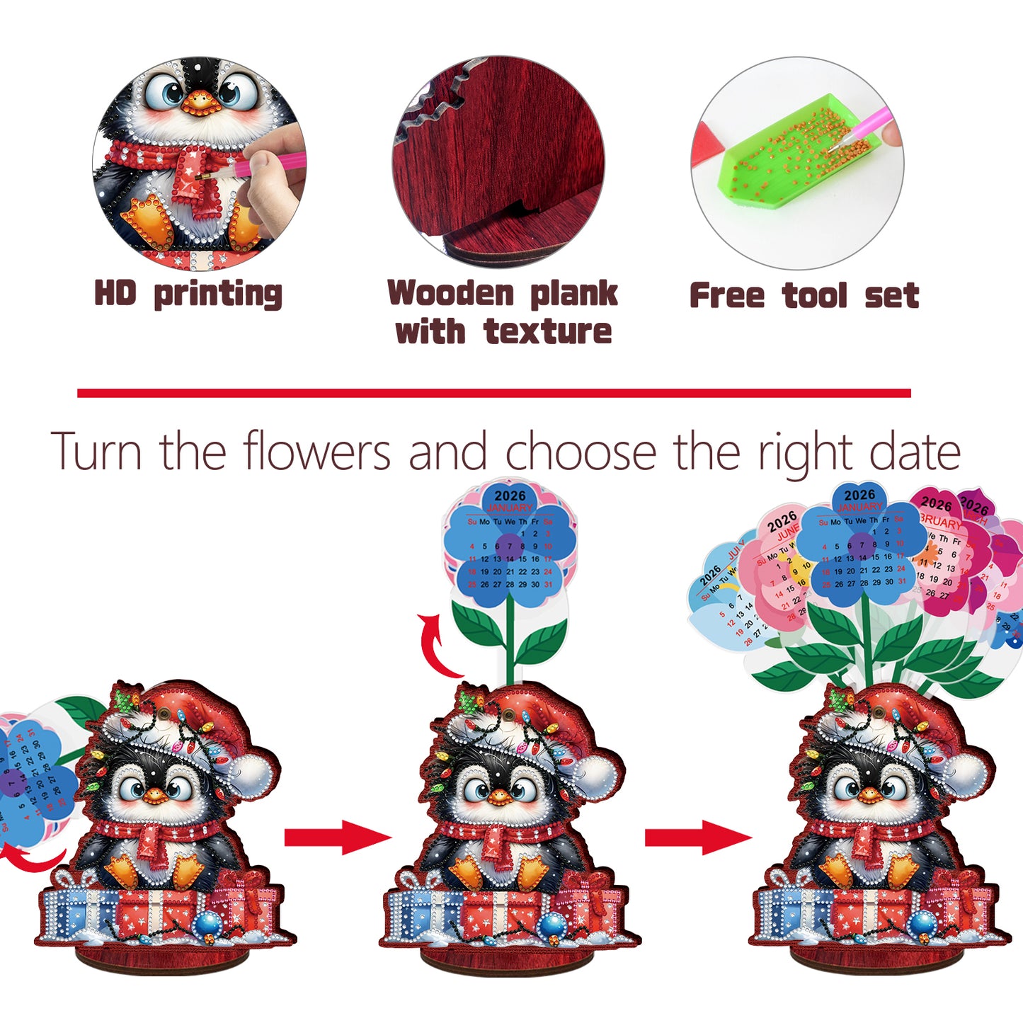 2026-2027 Penguin Wooden DIY 5D Diamond Painting Calendar for Home Office Decor