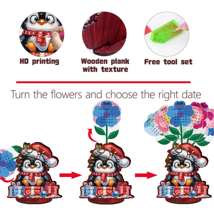 2026-2027 Penguin Wooden DIY 5D Diamond Painting Calendar for Home Office Decor