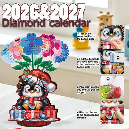 2026-2027 Penguin Wooden DIY 5D Diamond Painting Calendar for Home Office Decor