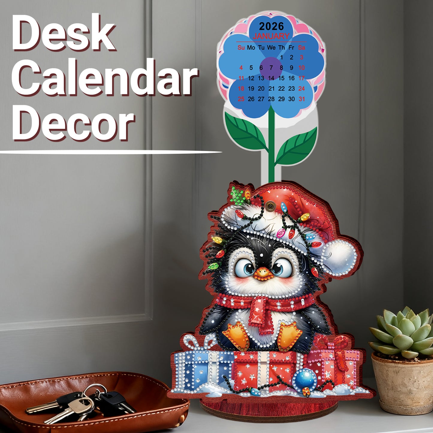 2026-2027 Penguin Wooden DIY 5D Diamond Painting Calendar for Home Office Decor
