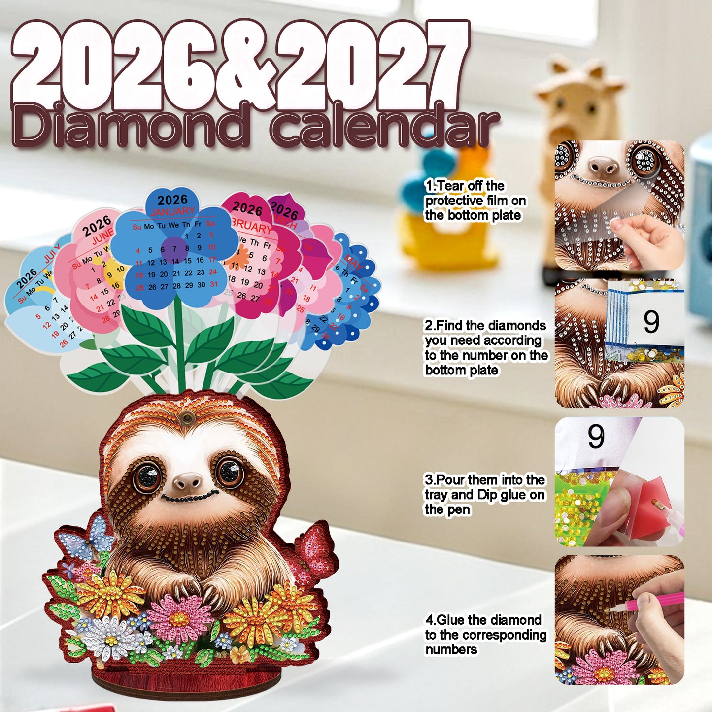 2026-2027 Sloth Wooden DIY 5D Diamond Painting Calendar for Home Office Decor