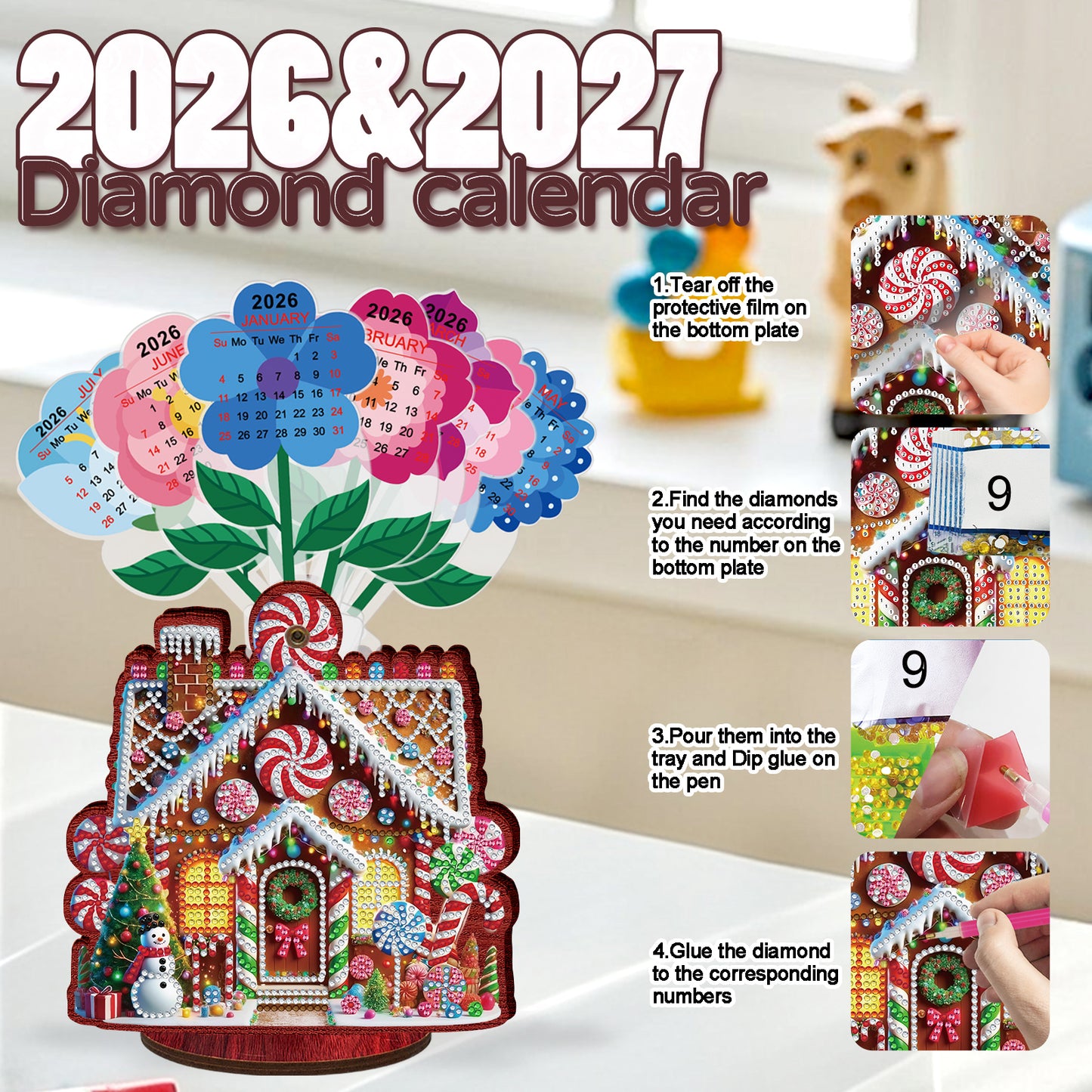 2026-2027 House Wooden DIY 5D Diamond Painting Calendar for Home Office Decor