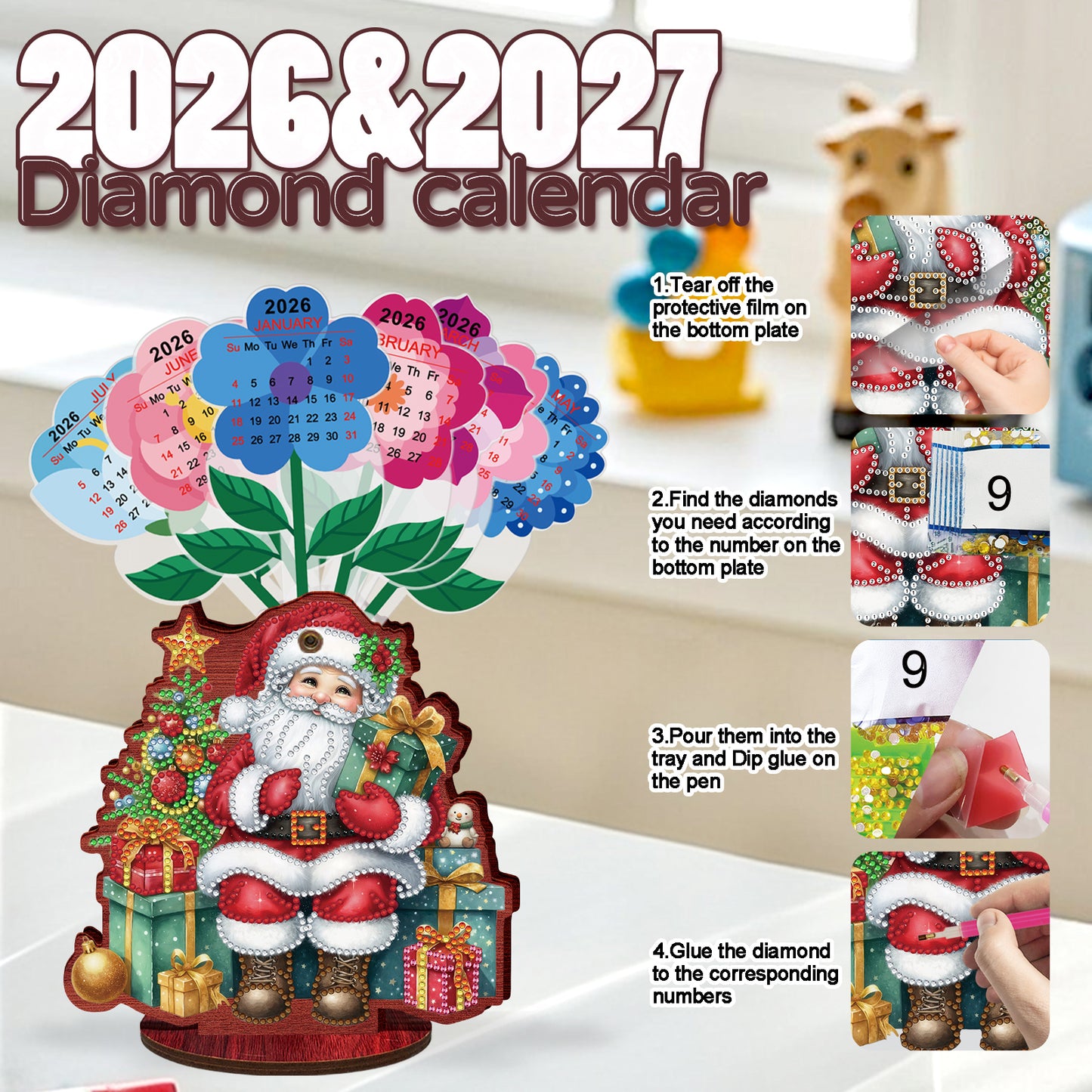 2026-2027 Santa Claus Wooden DIY 5D Diamond Painting Calendar for Home Decor