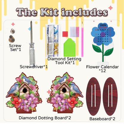 2026-2027 Birdcage Wooden DIY 5D Diamond Painting Calendar for Home Office Decor