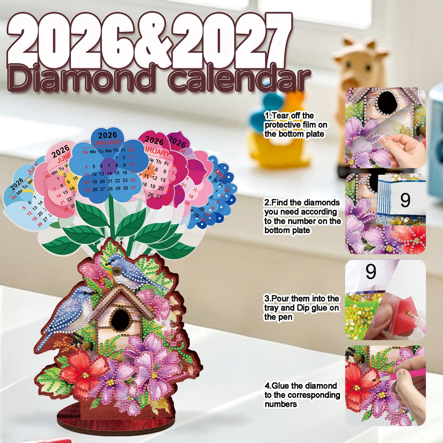 2026-2027 Birdcage Wooden DIY 5D Diamond Painting Calendar for Home Office Decor