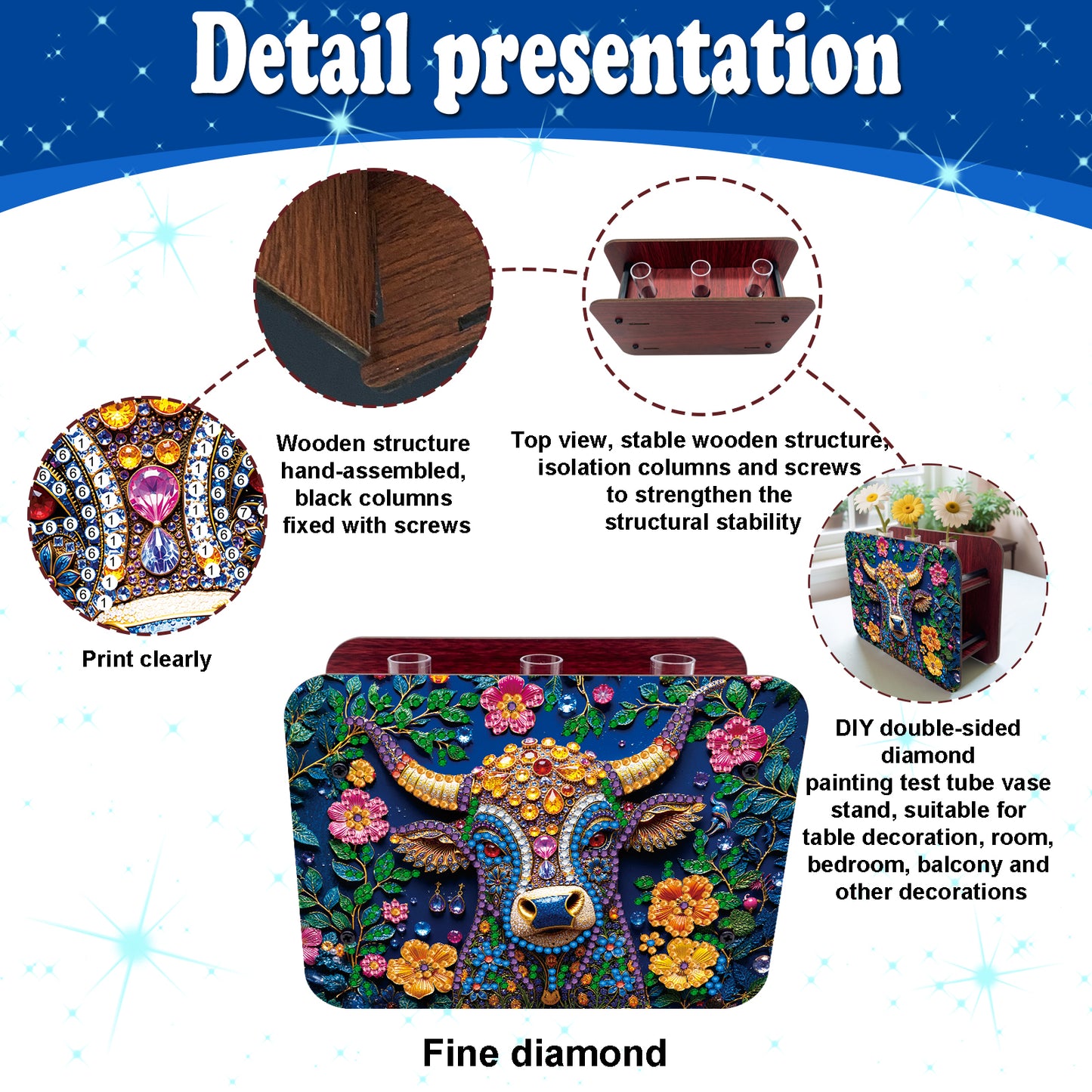 Gem Cow DIY Diamond Painting Wooden Tube Vase for Adults Gift Idea Home Decor