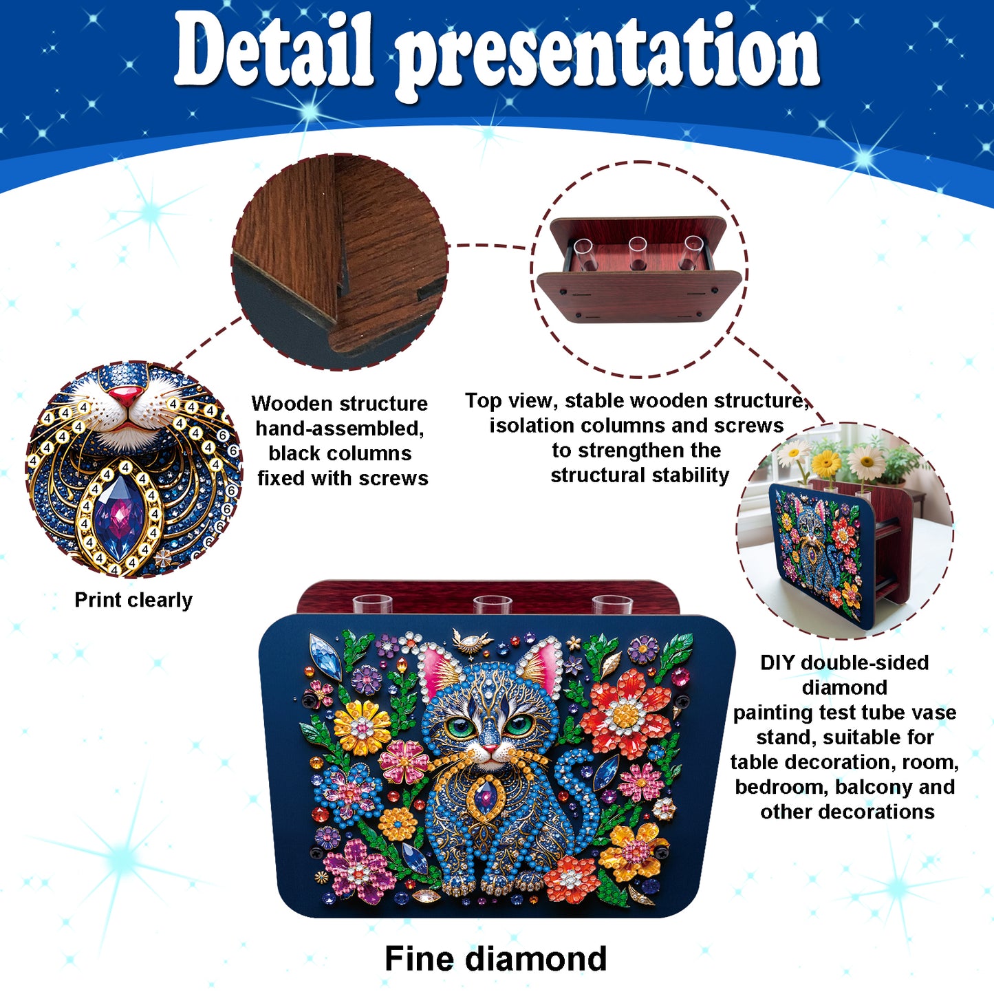 Gem Cat DIY Diamond Painting Wooden Tube Vase for Adults Gift Idea Home Decor