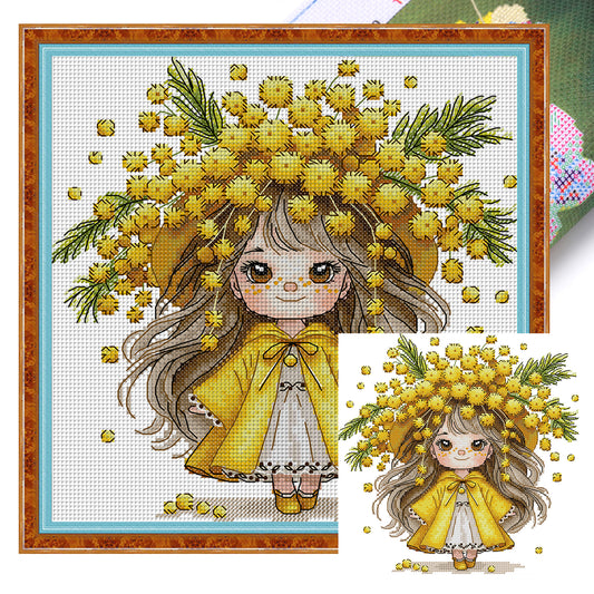 Girl With Mimosa - 14CT Stamped Cross Stitch 28*28CM (Joy Sunday)