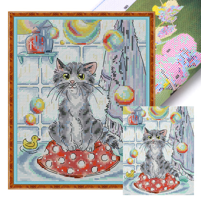 Cat And Soap Bubbles - 14CT Stamped Cross Stitch 21*27CM (Joy Sunday)