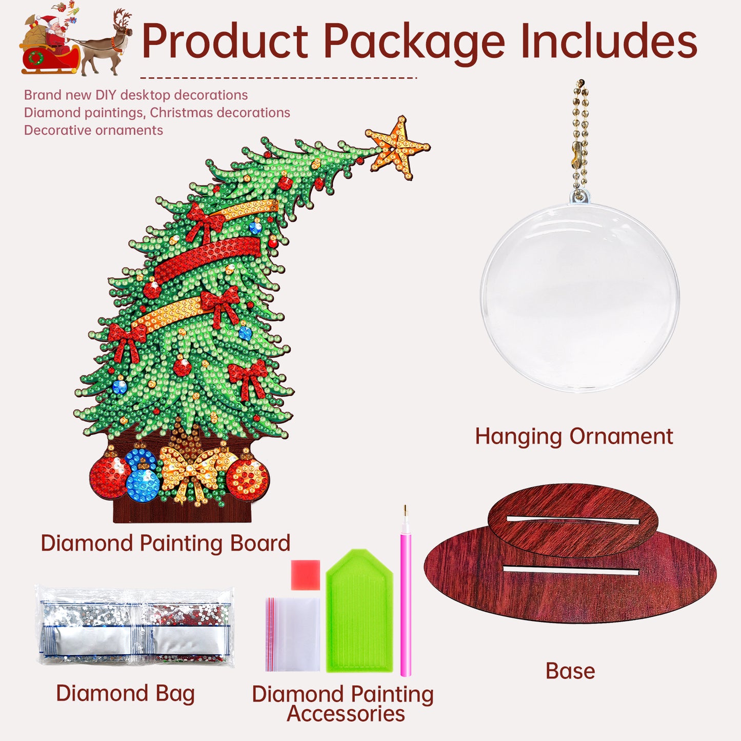 Christmas Tree DIY 2D Flat Wooden Desktop Diamond Art Kit for Adults Beginner(C)