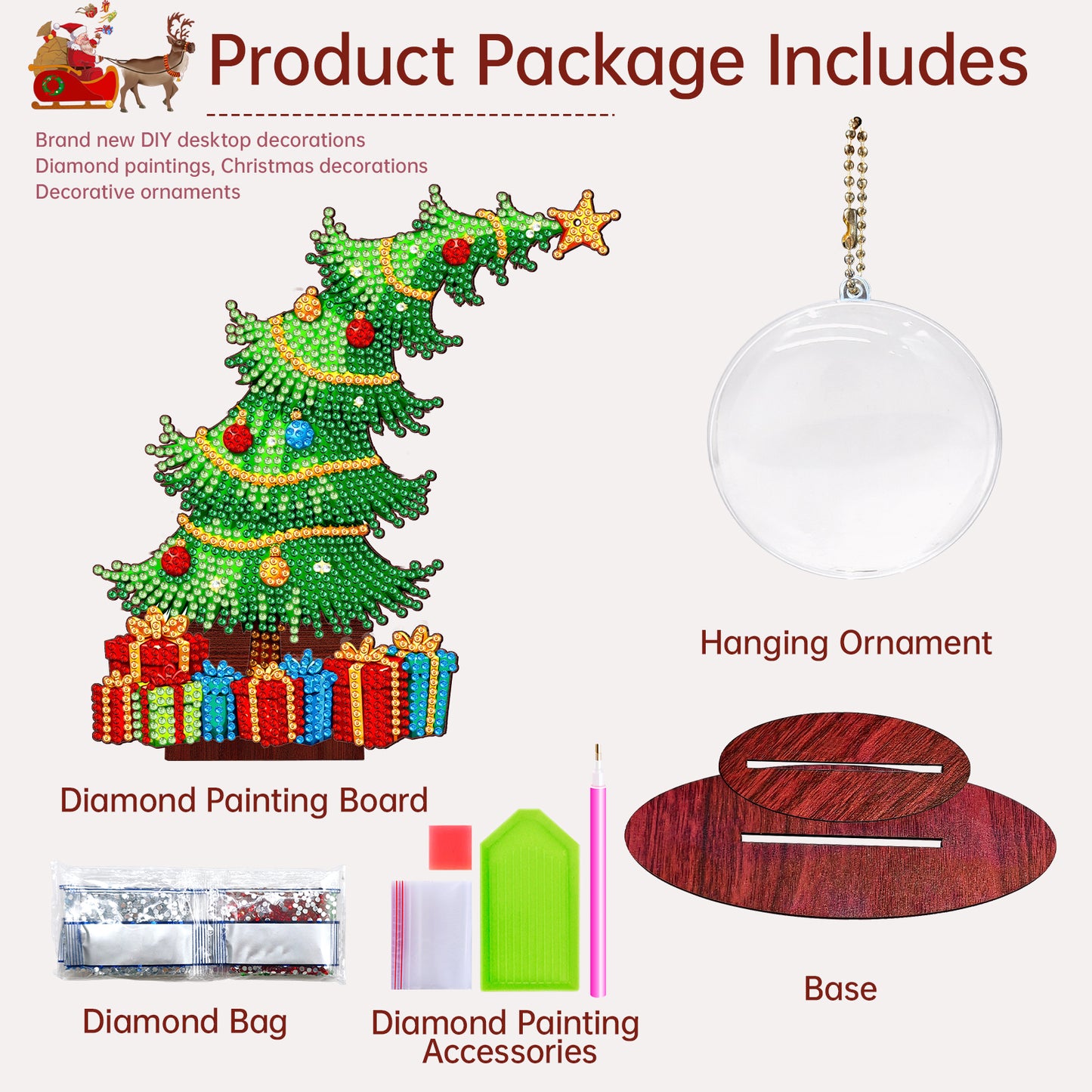 Christmas Tree DIY 2D Flat Wooden Desktop Diamond Art Kit for Adults Beginner(G)