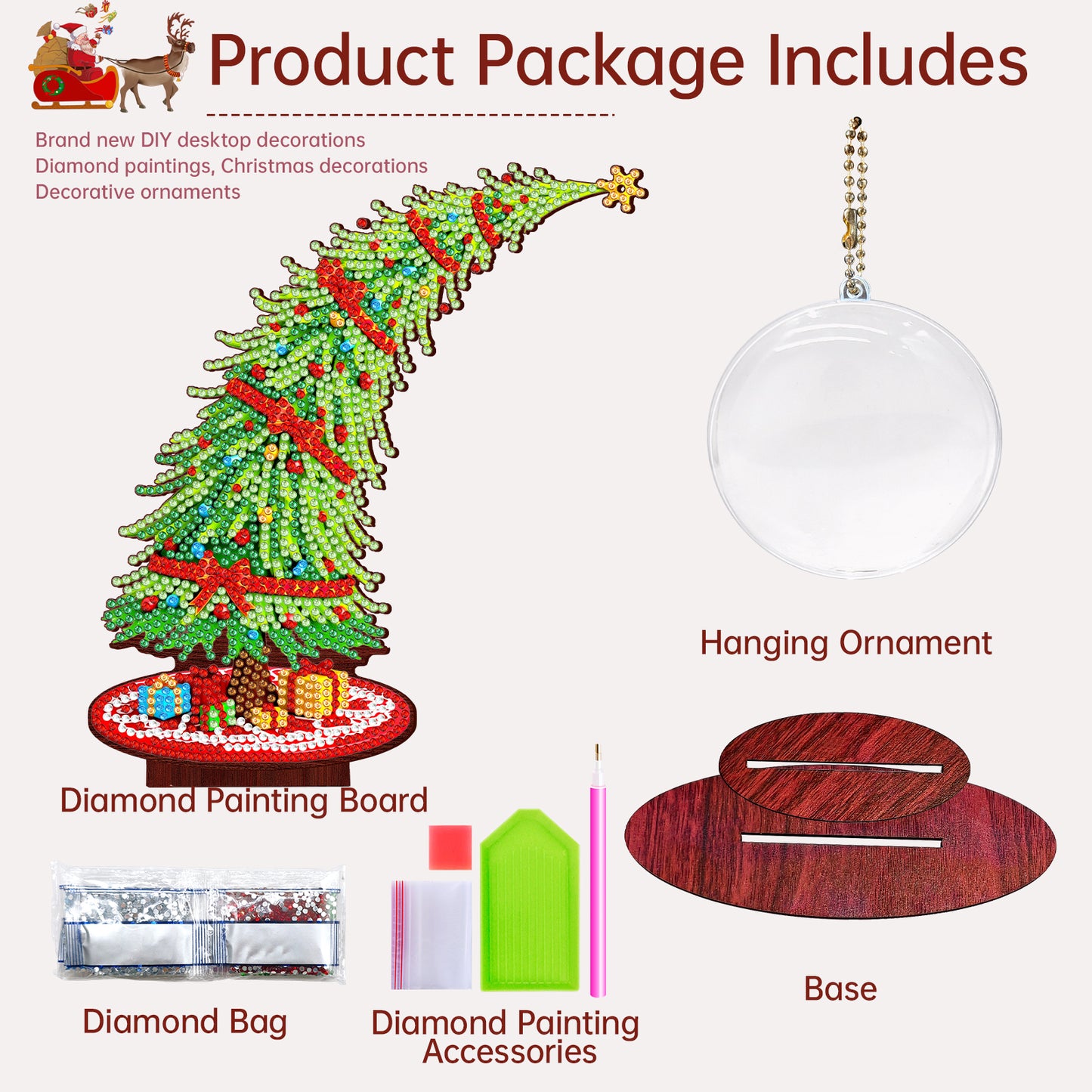 Christmas Tree DIY 2D Flat Wooden Desktop Diamond Art Kit for Adults Beginner(H)