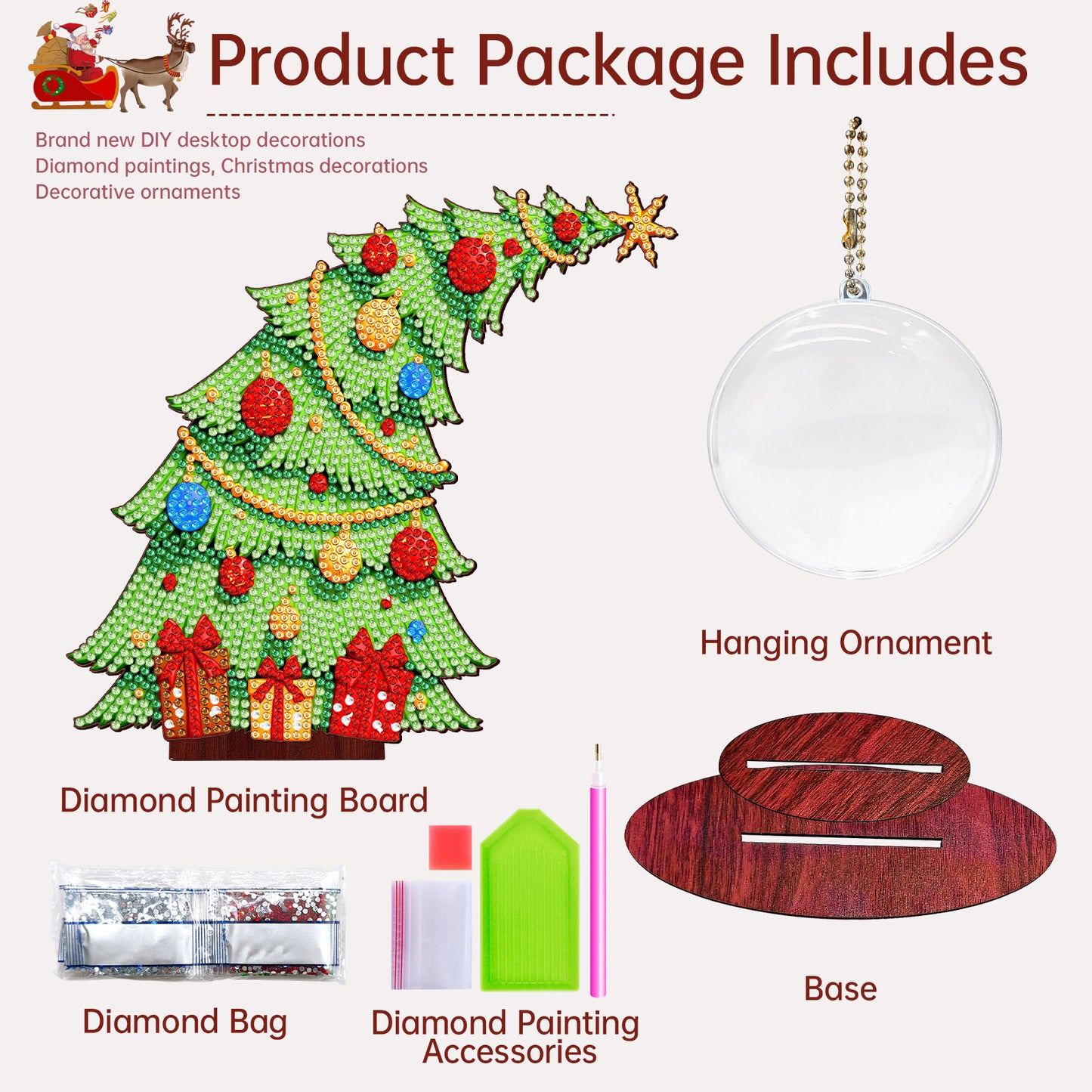 Christmas Tree DIY 2D Flat Wooden Desktop Diamond Art Kit for Adults Beginner(M)