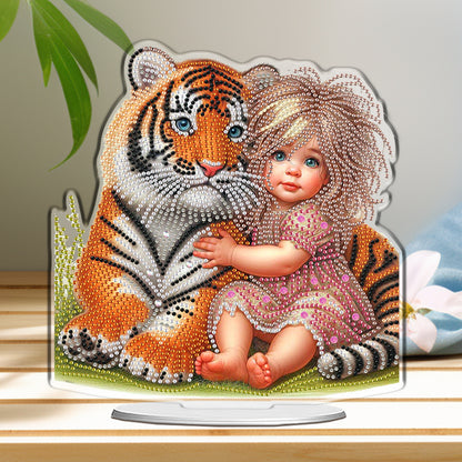 2D Flat DIY Tiger and Girl Acrylic Diamond Painting Tabletop Ornaments Kit Gifts