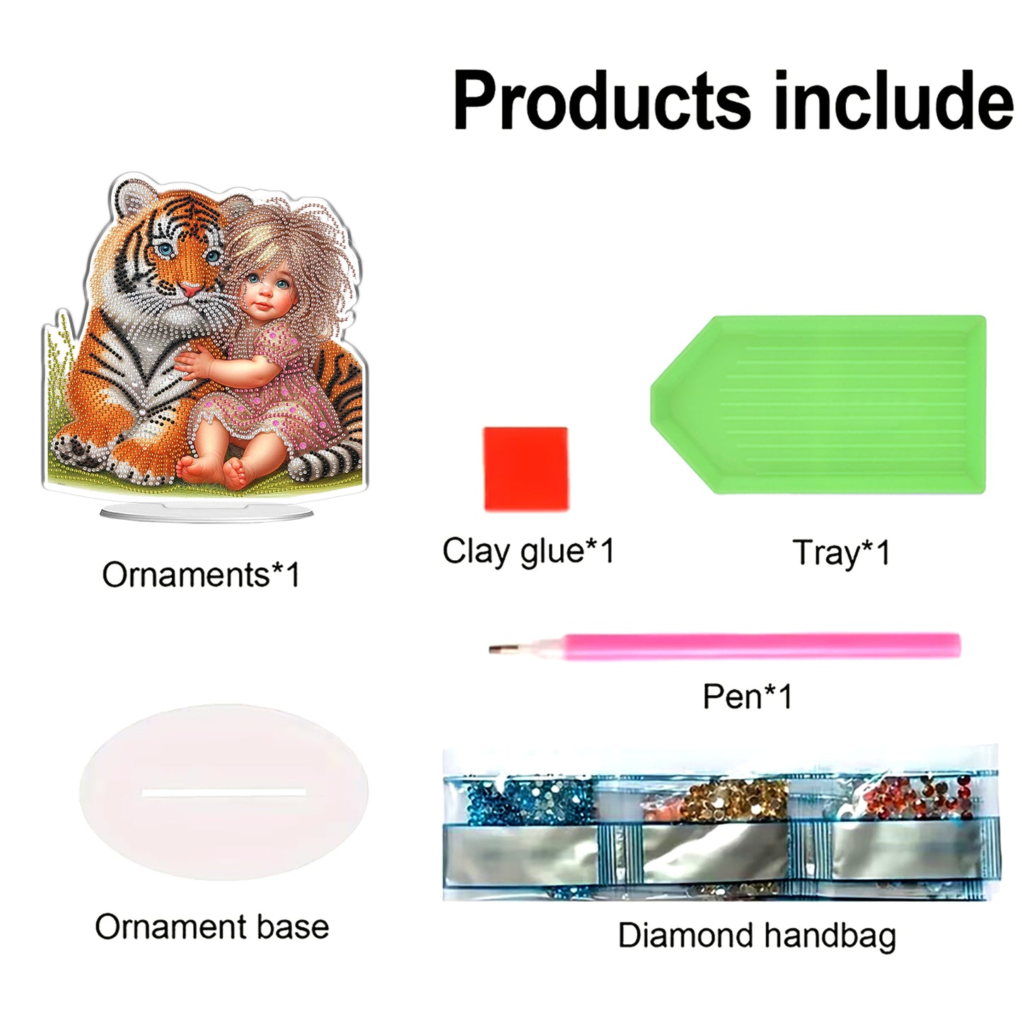 2D Flat DIY Tiger and Girl Acrylic Diamond Painting Tabletop Ornaments Kit Gifts
