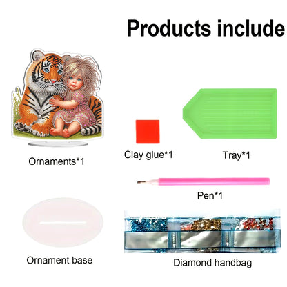 2D Flat DIY Tiger and Girl Acrylic Diamond Painting Tabletop Ornaments Kit Gifts