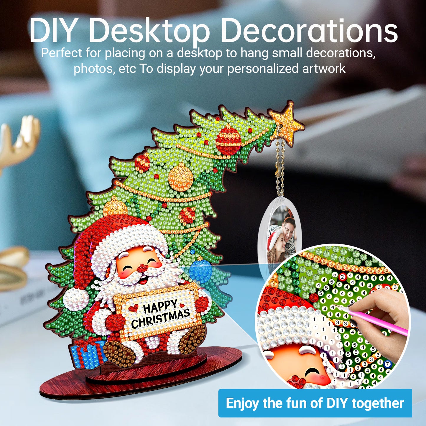 Santa Claus Photo Xmas Tree 5D DIY Diamond Art Tabletop Wood Decoration Ornament