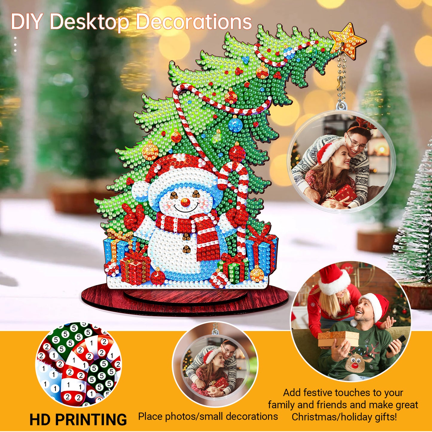 Snowman Photo Xmas Tree 5D DIY Diamond Art Tabletop Wood Decoration Ornament Kit