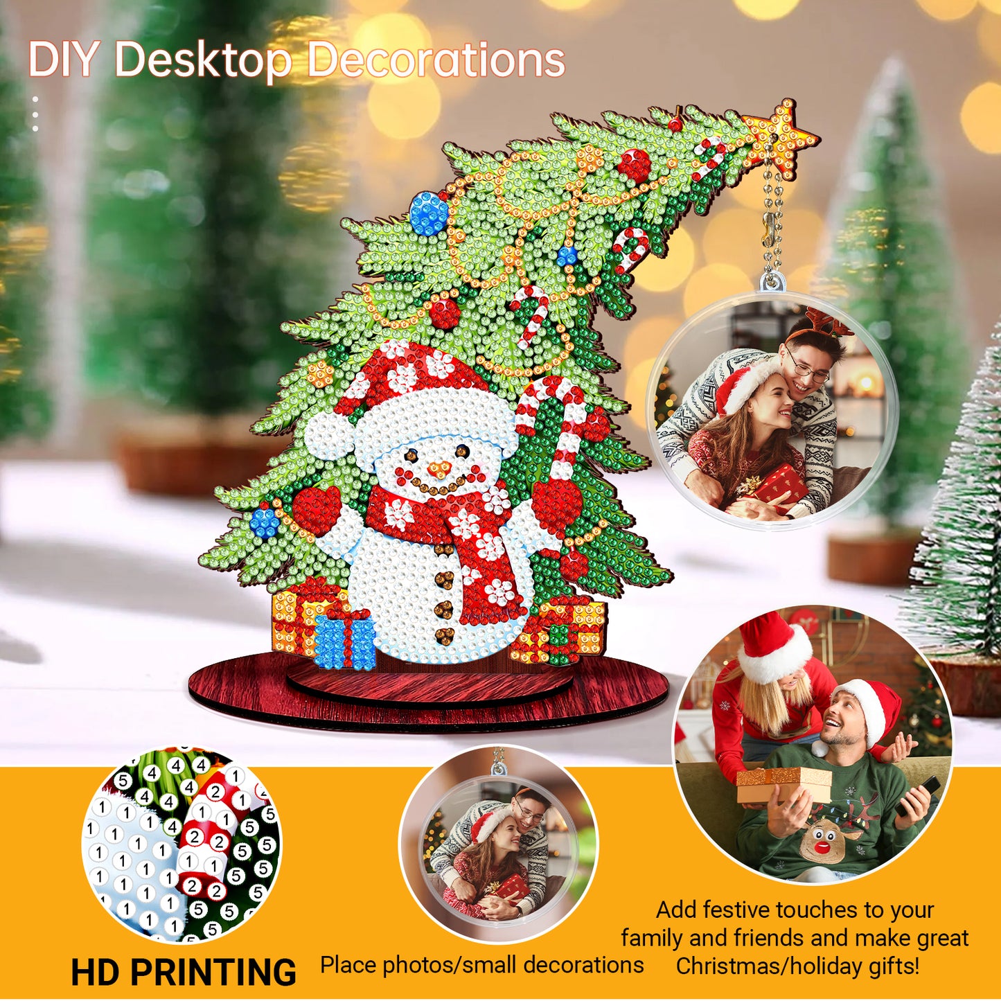 Snowman Photo Xmas Tree 5D DIY Diamond Art Tabletop Wood Decoration Ornament Kit