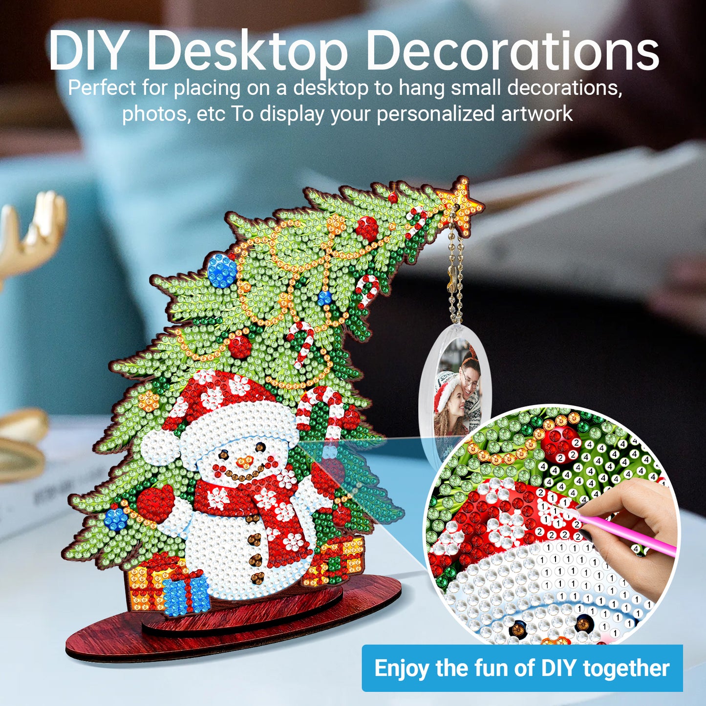 Snowman Photo Xmas Tree 5D DIY Diamond Art Tabletop Wood Decoration Ornament Kit