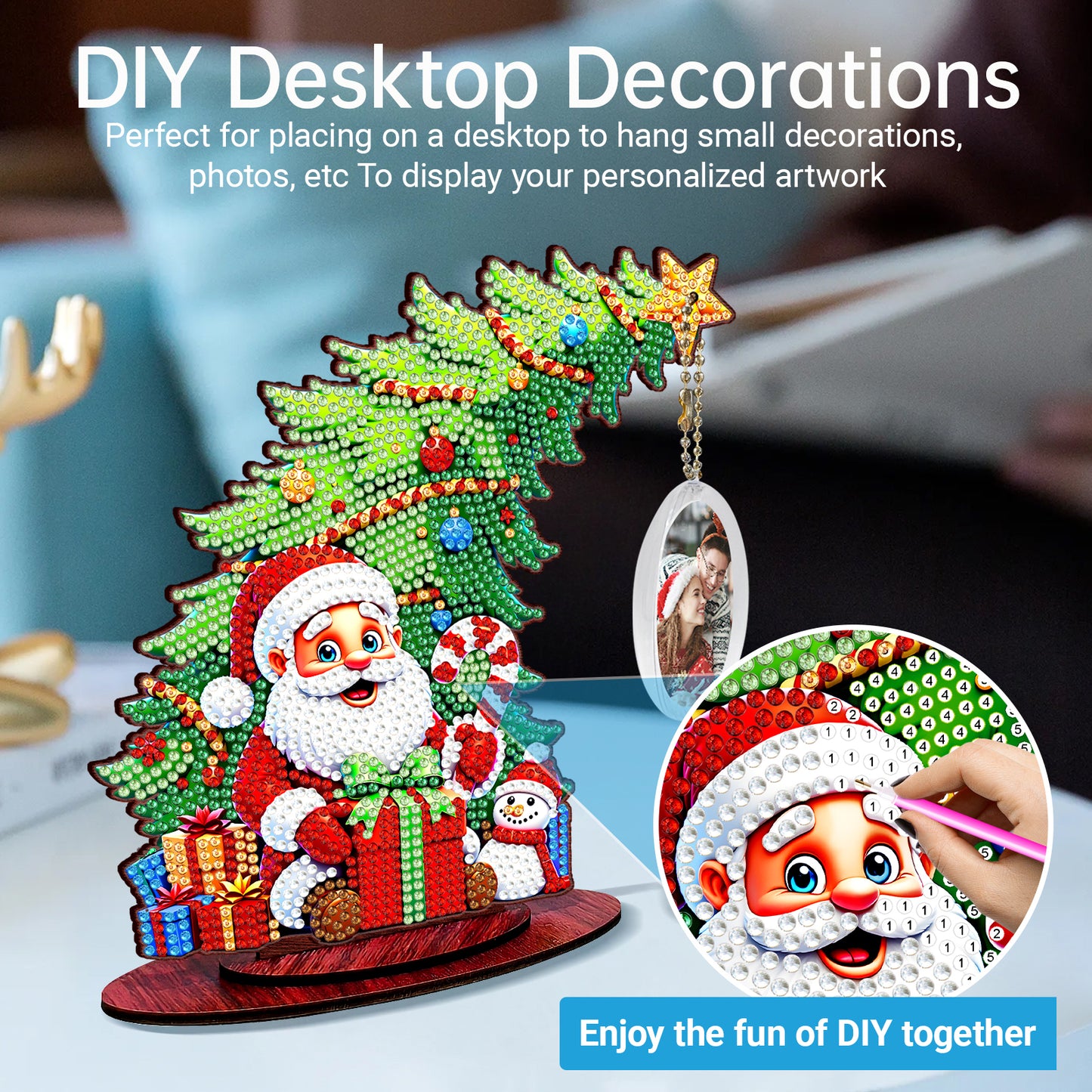 Santa Claus Photo Xmas Tree 5D DIY Diamond Art Tabletop Wood Decoration Ornament