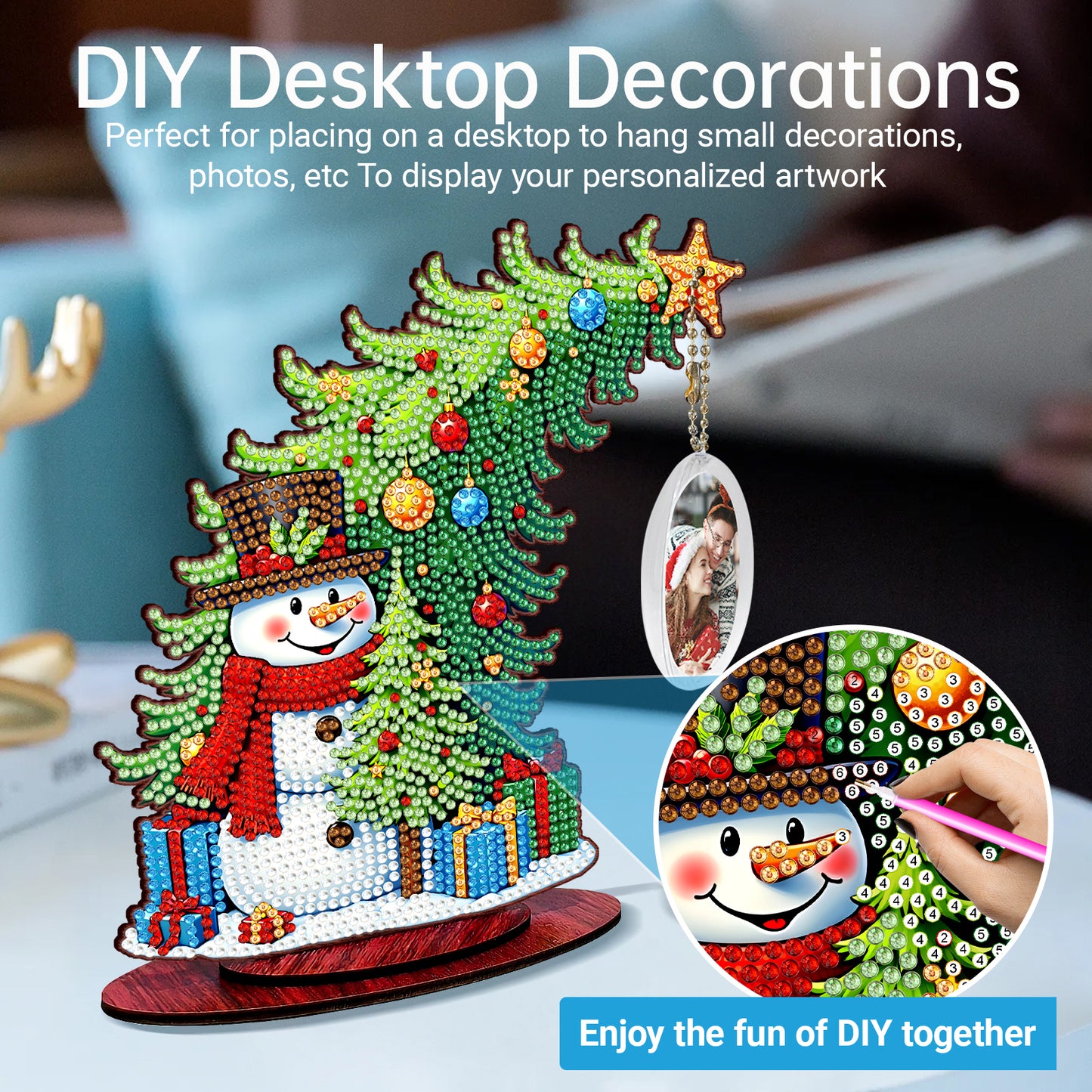 Snowman Photo Xmas Tree 5D DIY Diamond Art Tabletop Wood Decoration Ornament Kit