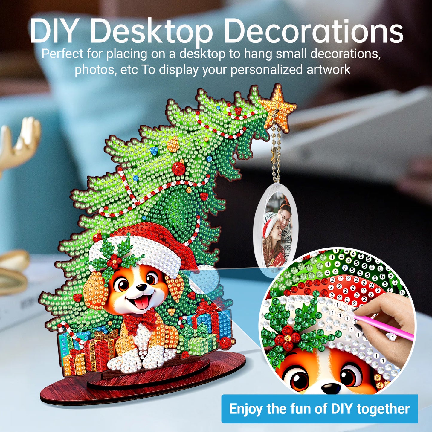 Dog Photo Xmas Tree 5D DIY Diamond Art Tabletop Wood Decoration Ornament Kit