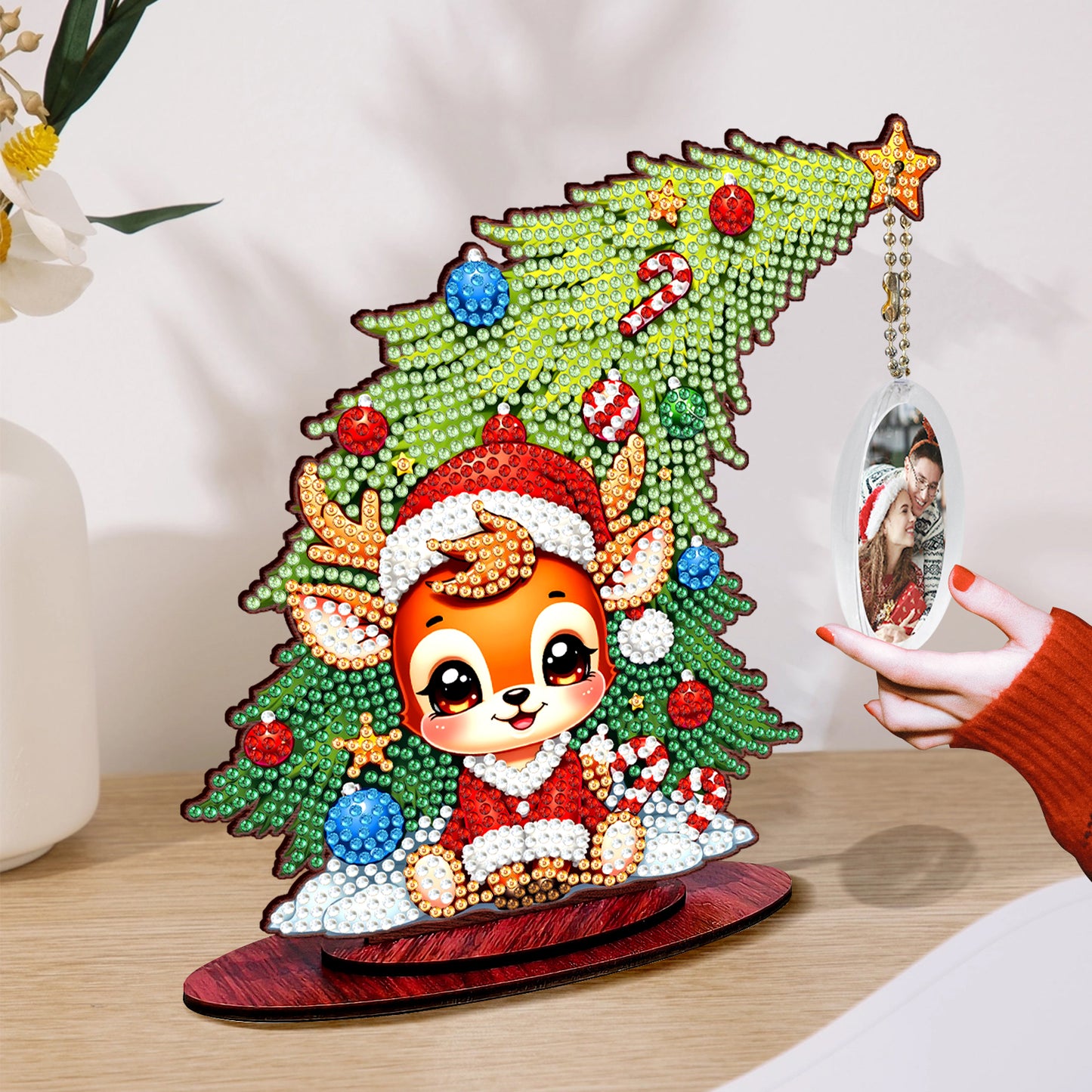 Deer Photo Xmas Tree 5D DIY Diamond Art Tabletop Wood Decoration Ornament Kit